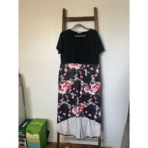 Maternity/Nursing Black Floral Long A-Line Dress Short Sleeve Round Neck Size XL